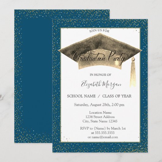 金の卒業式用のかぶりもの飾り紐 コンフェッティ 卒業おめでとう 招待状 (正面/裏面)