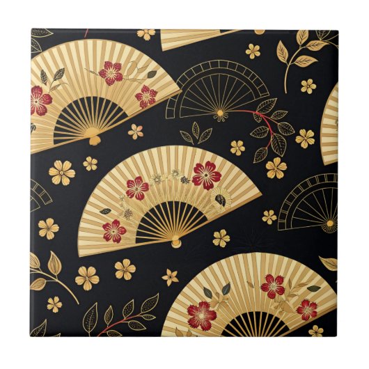 金の扇桜模様 タイル (正面)