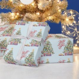金の星の付いたクリスマスツリーとプレゼント ラッピングペーパー
