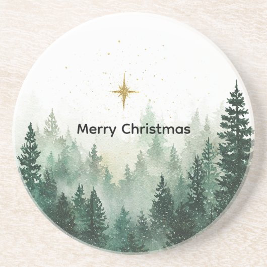 金の星の緑の木のクリスマス コースター (正面)
