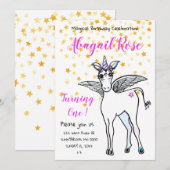 金の星の装飾が施された魔法の翼を持つユニコーン 招待状 (正面/裏面)