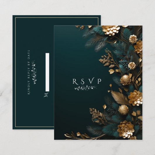 金の松葉と松ぼっくり　冬の結婚式 出欠カード (正面/裏面)