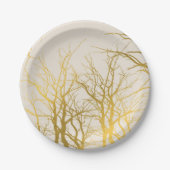 金の枝の模様のベージュの背景 ペーパープレート (正面)