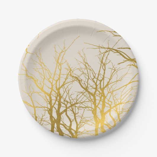 金の枝の模様のベージュの背景 ペーパープレート (正面)