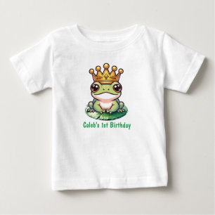 金の王冠のカエルの王子　おとぎ話の１歳の誕生日 ベビーTシャツ