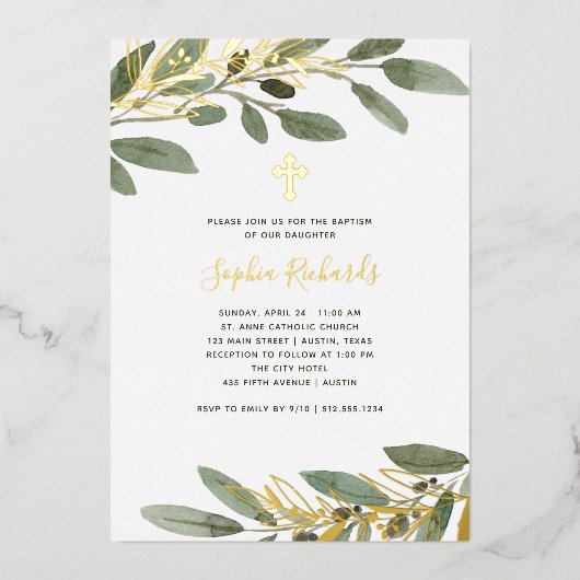 金の箔とオリーブ地中海のの葉バプティス 箔招待状 (正面)