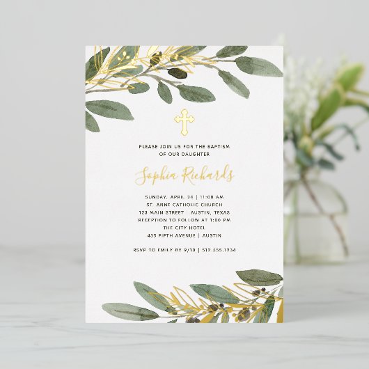 金の箔とオリーブ地中海のの葉バプティス 箔招待状 (立ち正面)
