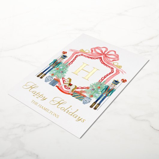 金の箔のクリスマス・くるみ割り人形・イニシャル・フォト・カード 箔招待状 (回転した状態)