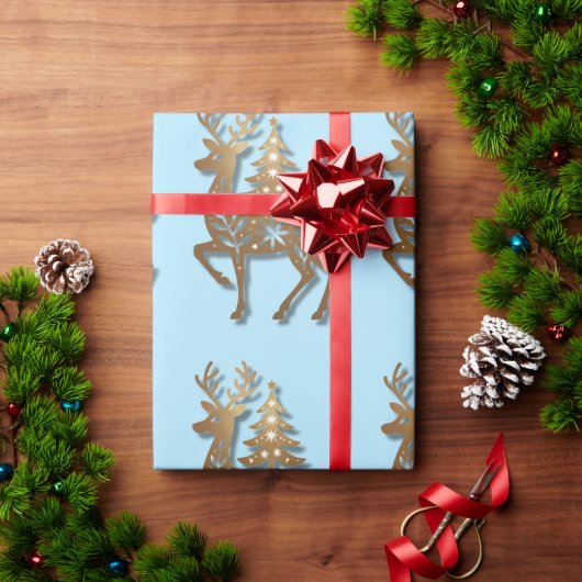 金の箔押しトナカイとクリスマスツリー  ラッピングペーパー (クリスマスギフト)