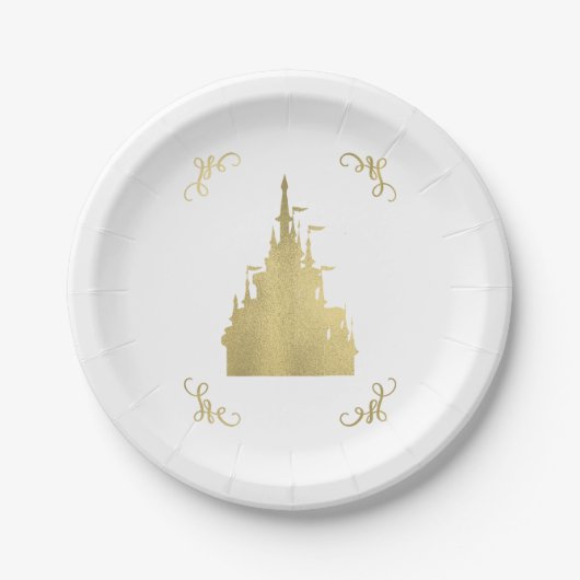 金の箔押しプリンセスフラグキャスルの絵本の結婚式 ペーパープレート (正面)