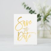 金の箔 現代のスクリプト タイプ 結婚式 Save the Date 案内ポストカード (スタンド正面)