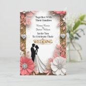 🌷 金の結婚指輪付きのピーチフラワーフレーム 💍 招待状 (スタンド正面)