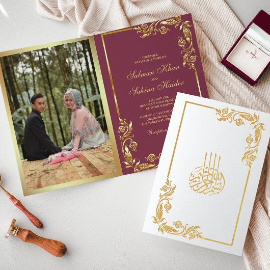 金の花とピンクの写真のイスラム教徒の結婚式 箔カード