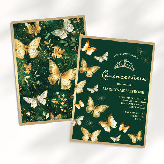 金の蝶 エメラルドグリーン Quinceañera 招待状