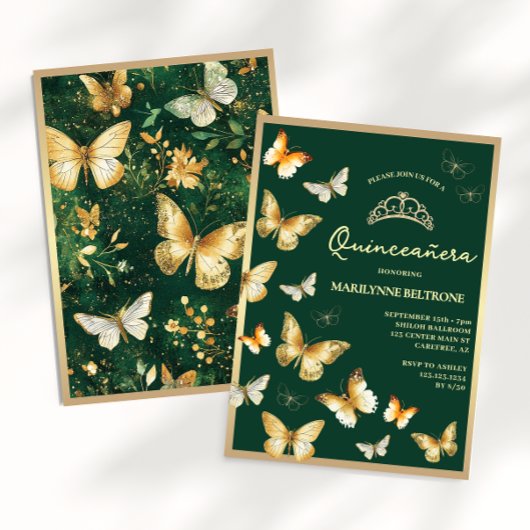 金の蝶 エメラルドグリーン Quinceañera 招待状