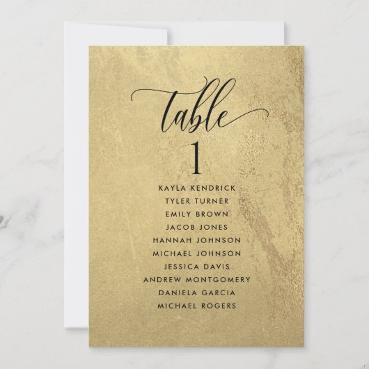 金の装飾と黒の背景の席次表カード（ゲストの名前入り） (正面)