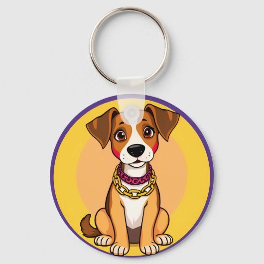金の鎖を付けた愛らしいキャラクターの犬 キーホルダー (正面)