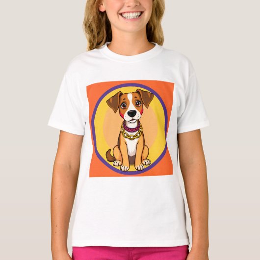 金の鎖を付けた愛らしいキャラクターの犬 Tシャツ (正面)