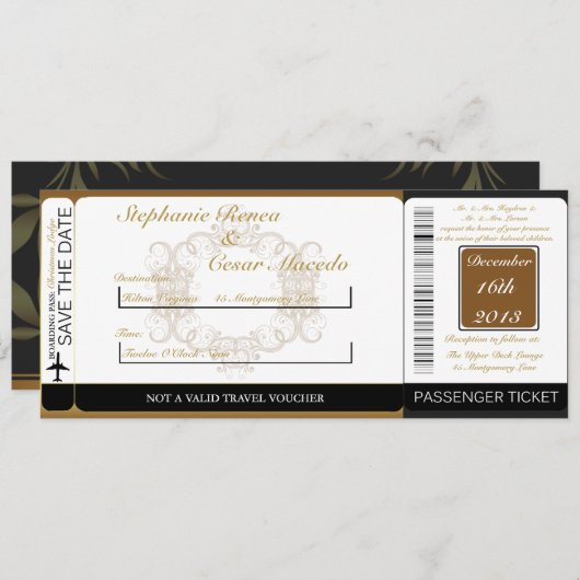 金の黒いDamasの搭乗券の結婚式招待状 招待状 (正面/裏面)