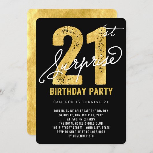 金はっきりした箔サプライズ21歳の誕生日パーティー招待状 招待状 (正面/裏面)