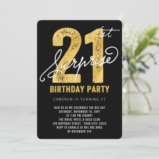 金はっきりした箔サプライズ21歳の誕生日パーティー招待状 招待状 (スタンド正面)