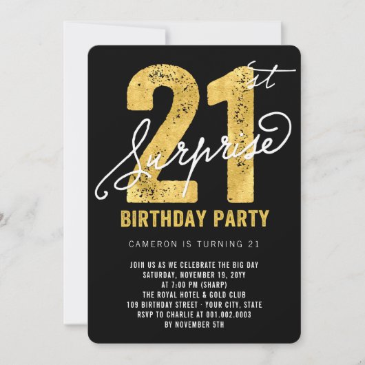 金はっきりした箔サプライズ21歳の誕生日パーティー招待状 招待状 (正面)