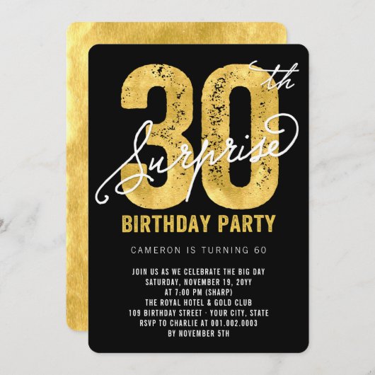 金はっきりした箔サプライズ30th誕生日パーティー招待状 招待状 (正面/裏面)