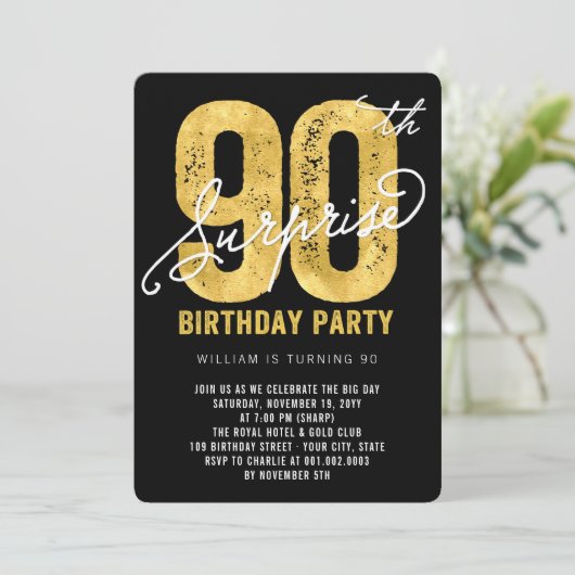 金はっきりした箔サプライズ90thバースデーパーティー招待状 招待状 (スタンド正面)