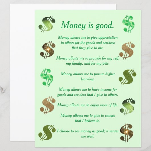 金は善なり、肯定のリスト (正面/裏面)