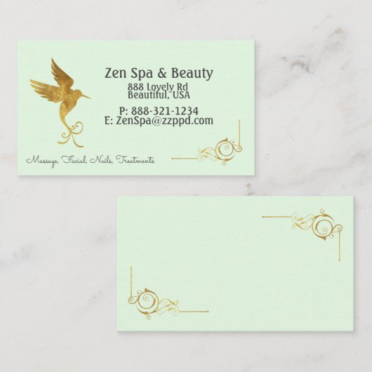 金ぱくのハチドリとのミントの緑 名刺 (正面/裏面)