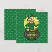金ぴかポットに座るカートゥーンのレプラコーンがパイントを持って微笑む 招待状 (正面/裏面)
