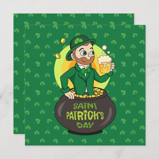 金ぴかポットに座るカートゥーンの妖精（緑のスーツと蝶ネクタイ、ハットを身に着け、ピントのビールを持っ 招待状 (正面/裏面)