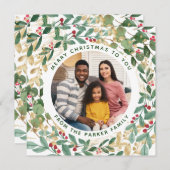 金めっきされた緑の白 |リースとフォトクリスマス シーズンカード (正面/裏面)