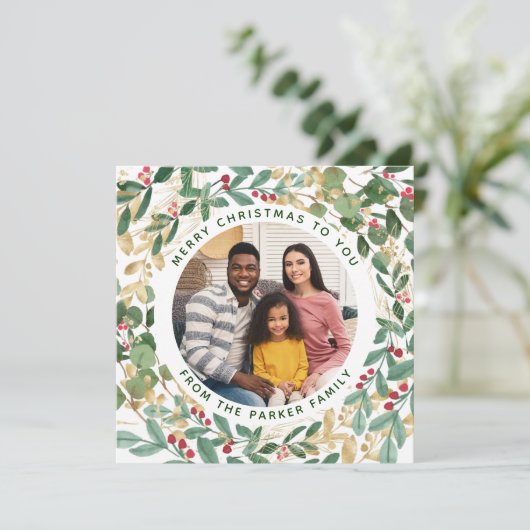 金めっきされた緑の白 |リースとフォトクリスマス シーズンカード (スタンド正面)