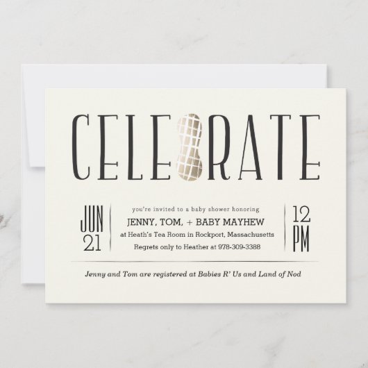 金めっきされるピーナツベビーシャワーの招待状を祝って下さい 招待状 (正面)