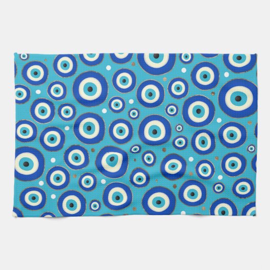 金アクセントのギリシャの悪のまなざしパターン キッチンタオル (横)