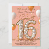 金エレガントのアクセントで真珠の飾り甘い16 招待状 (正面)