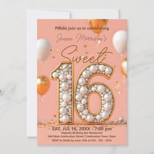 金エレガントのアクセントで真珠の飾り甘い16 招待状 (正面)
