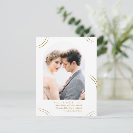 金エレガントのウィップフォトウェディング日付を保存 ポストカード (スタンド正面)