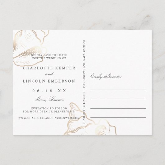 金エレガントのコンチウェディング日付を保存 案内ポストカード (裏面)