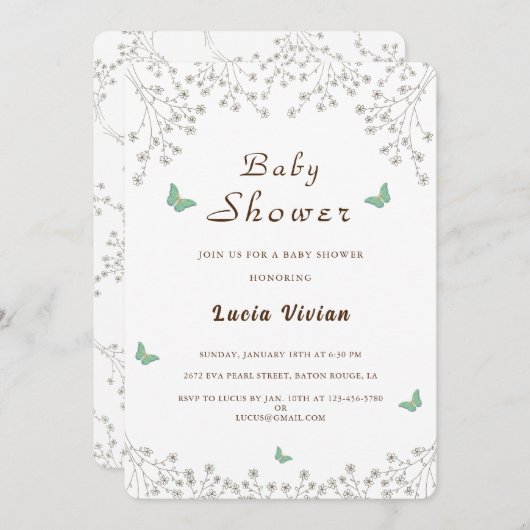 金エレガントのフローラと蝶の赤ちゃんシャワー 招待状 (正面/裏面)