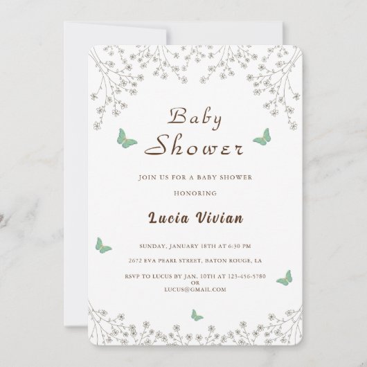金エレガントのフローラと蝶の赤ちゃんシャワー 招待状 (正面)