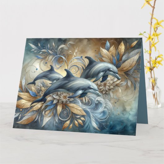 金エレガントのフローラ波とイルカ カード (黄色い花)