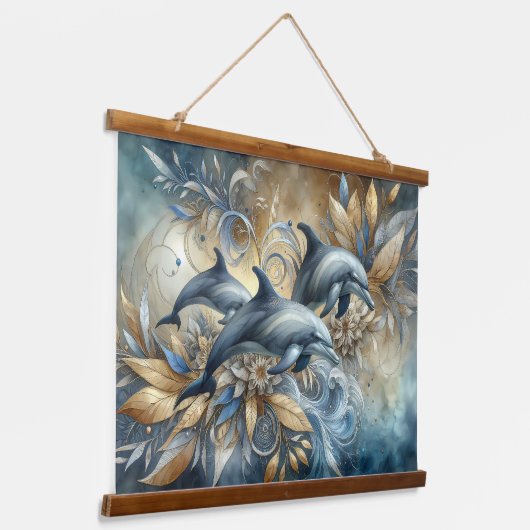 金エレガントのフローラ波とイルカ 吊り下げ型タペストリー (傾斜あり)