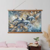 金エレガントのフローラ波とイルカ 吊り下げ型タペストリー (寝室)