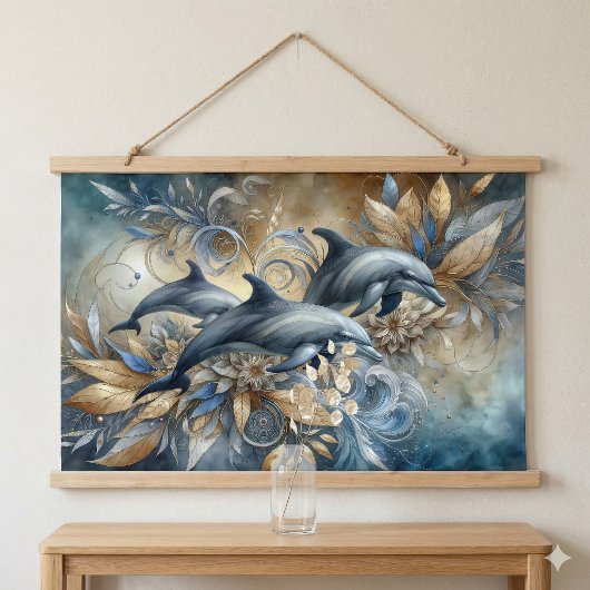 金エレガントのフローラ波とイルカ 吊り下げ型タペストリー