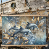 金エレガントのフローラ波とイルカ 吊り下げ型タペストリー