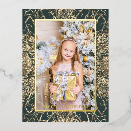 金エレガントのメリークリスマスの実在写真 箔シーズンポストカード (正面)