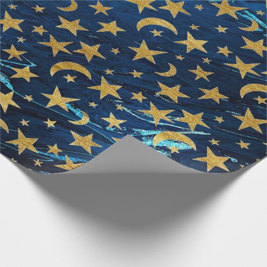 金エレガントの星とムーンブルーネイビーマーブル ラッピングペーパー (角)