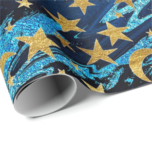 金エレガントの星とムーンブルーネイビーマーブル ラッピングペーパー (ロールコーナー)
